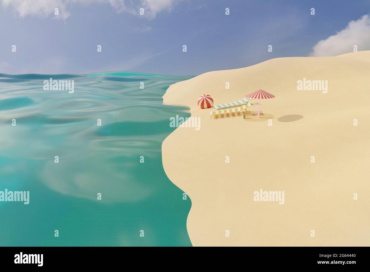 3D render de verano playa de arena con dos sillas de playa vacías, sombrilla y pelota cerca de las olas del mar bajo cielo claro. Concepto de vacaciones de viaje de verano Foto de stock