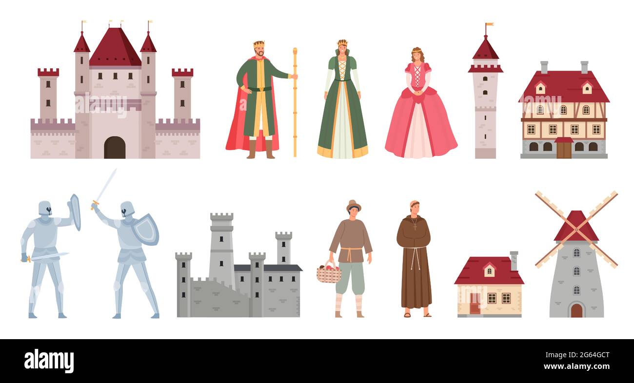Personajes medievales. Dibujos animados de edad media rey, reina, princesa, caballeros duelo sobre espada, campesino y monje. Antiguo castillo y conjunto de vectores de la casa Ilustración del Vector