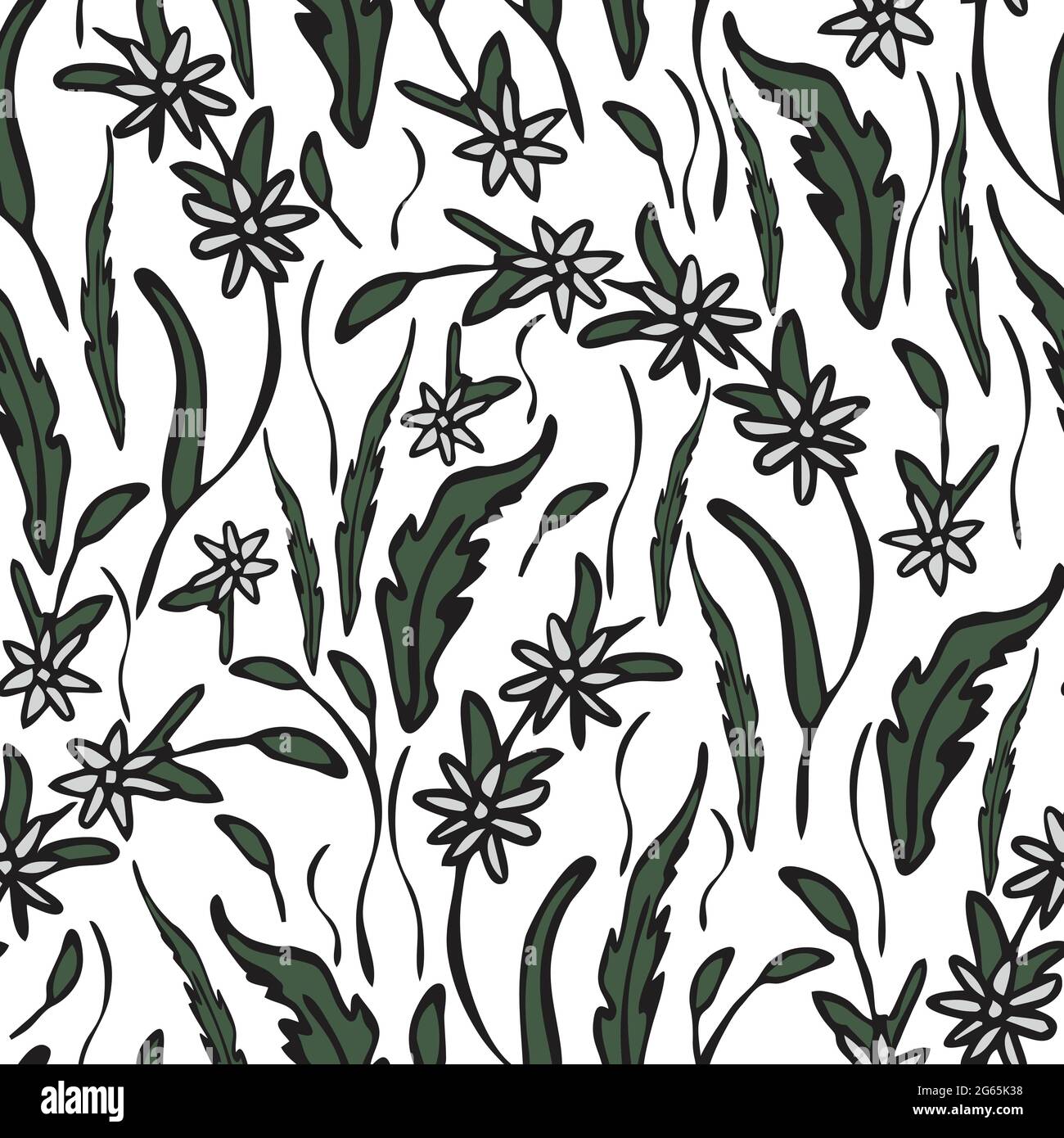 Patrón vectorial sin costuras con hierba de flores silvestres sobre fondo blanco. Diseño de fondo de pantalla con textura de pradera de flores. Textil de moda decorativa. Ilustración del Vector