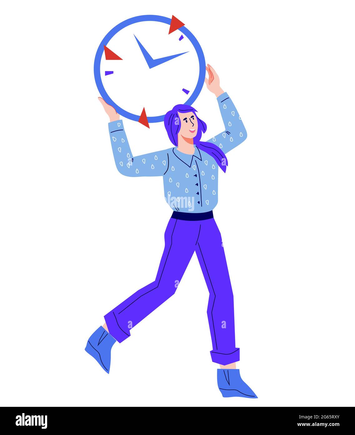 Carácter de negocio de dibujos animados para la gestión del tiempo y el concepto de organización del trabajo. Mujer de negocios sosteniendo el reloj sobre su cabeza, la ilustración de vector plano Carácter de negocio de dibujos animados para la gestión del tiempo y el concepto de organización del trabajo. Mujer de negocios sosteniendo el reloj sobre su cabeza, la ilustración de vector plano
