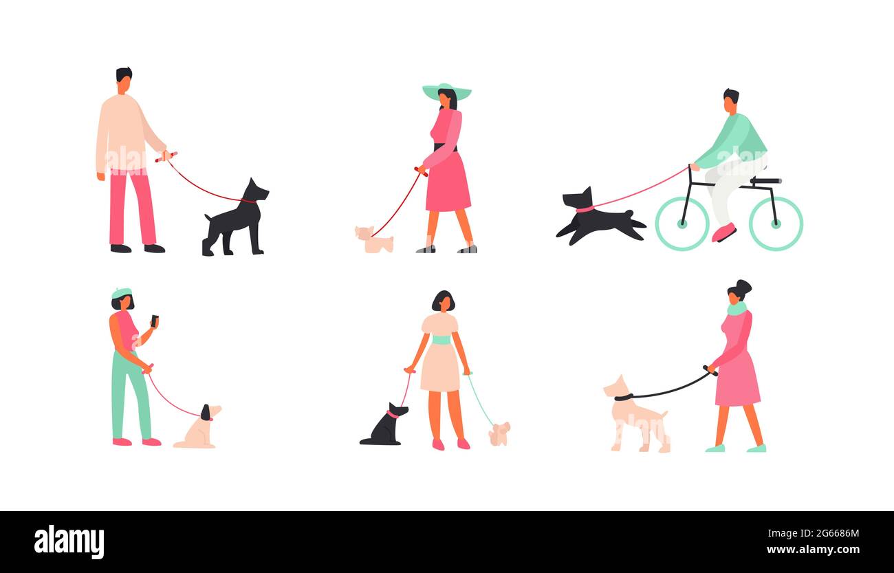 Juego de ilustraciones de vectores planos para personas con perros. Paseo por la mañana, recreación con mascotas, ocio. Hombres y mujeres caminando con amigos de cuatro patas Ilustración del Vector