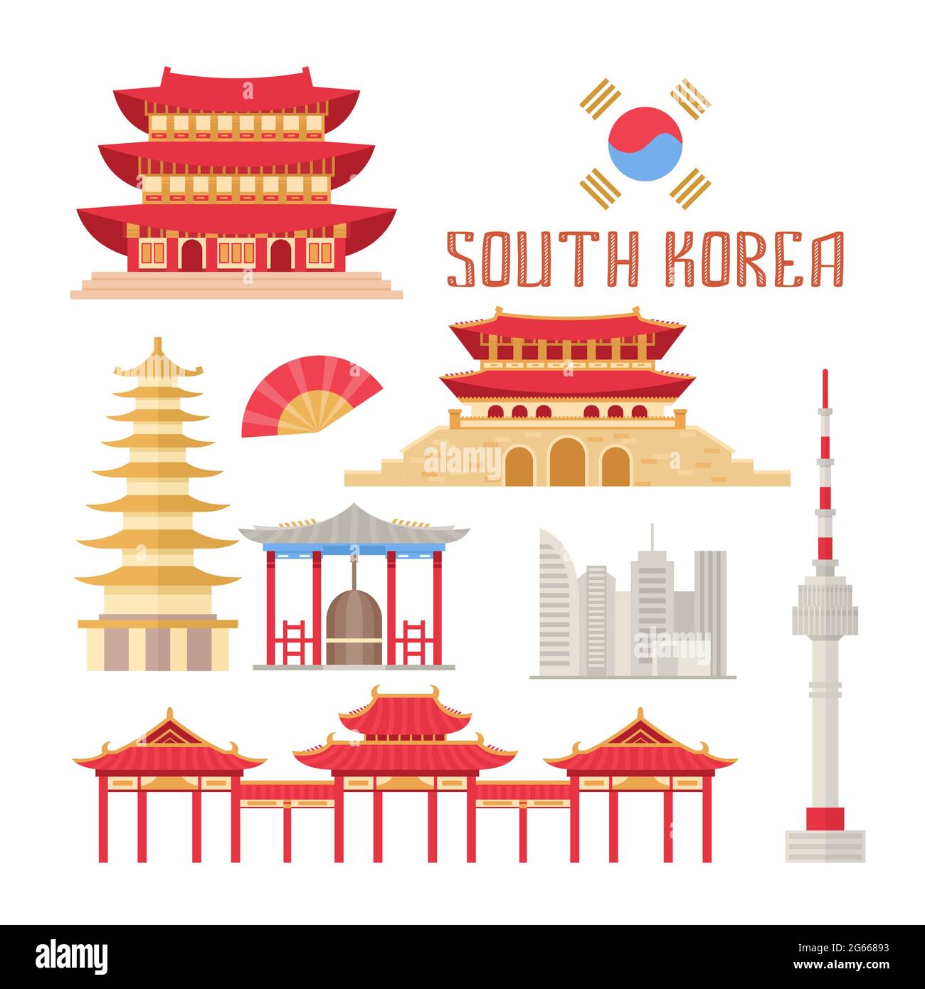 Corea del Sur muestra una ilustración de vector plano. Edificios coreanos y atributos tradicionales, conjunto de elementos de la cultura oriental. Templos budistas y. Ilustración del Vector