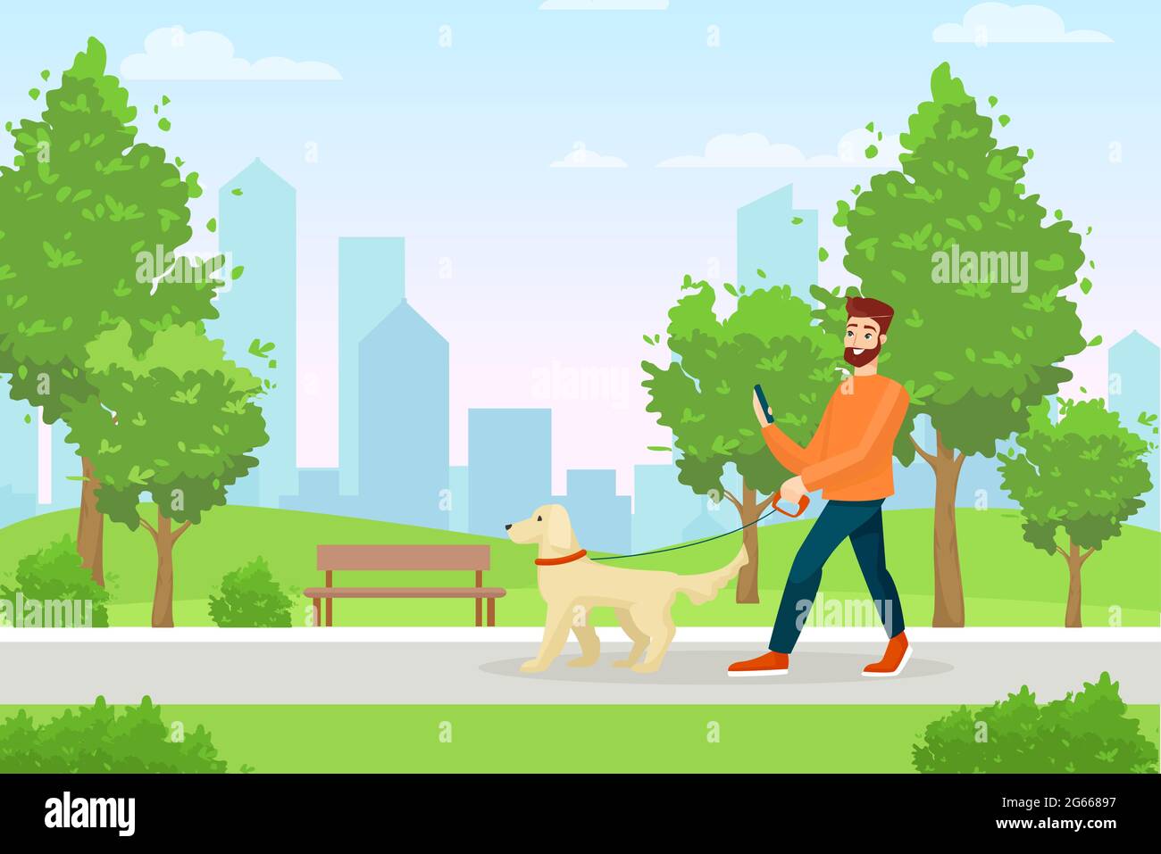 Hombre con perro plano vector ilustración. Paseo por la mañana, recreación en verano en la ciudad, ocio en el parque. Individuo caminando mascota carácter en estilo de dibujos animados, joven Ilustración del Vector