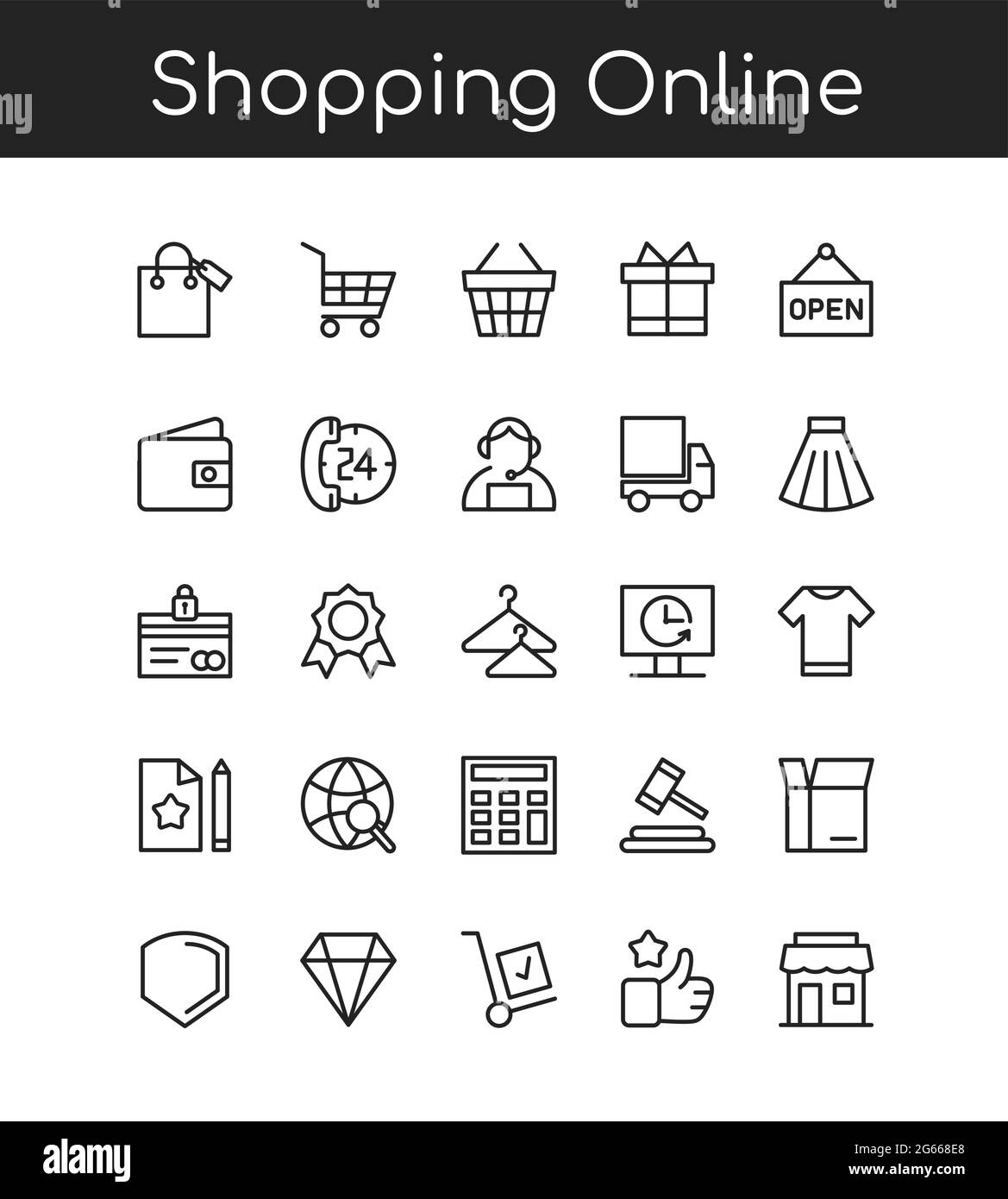 Iconos de la compra línea contorno vector ilustración conjunto con título para la compra en línea Ilustración del Vector