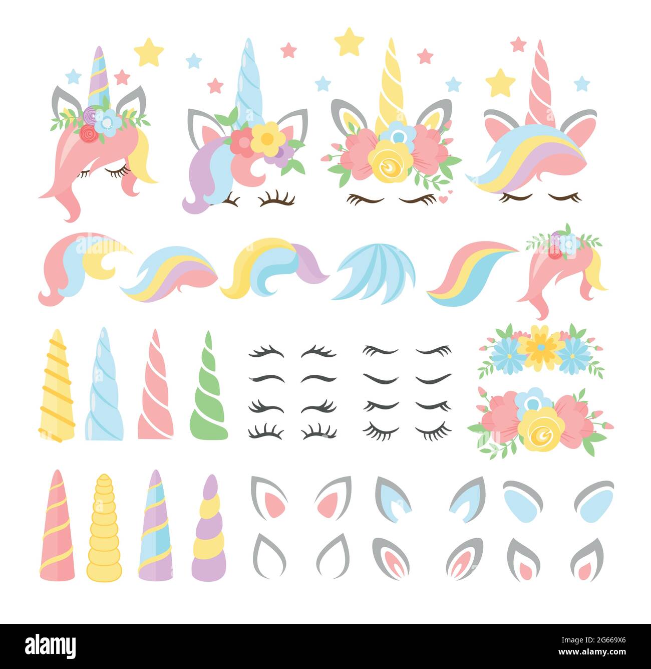 Conjunto de ilustraciones de vectores planos de elementos unicornios. Pegatinas  infantiles, paquete aislado. Caballo mágico con cuerno y constructor de  pelo multicolor stripy Imagen Vector de stock - Alamy