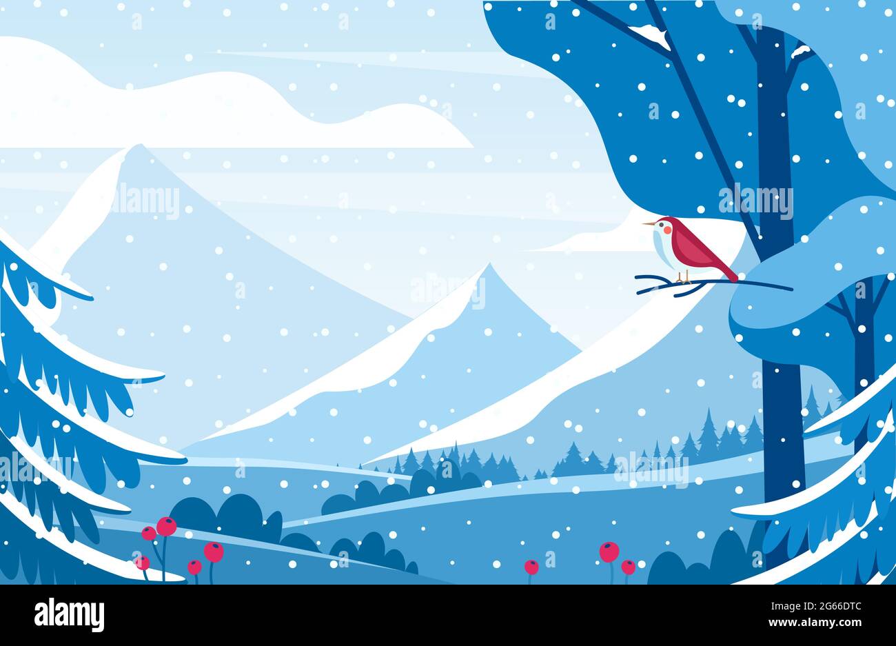 Ilustración de vector plano de paisaje en invierno. Aves solitarias viendo montañas cubiertas de nieve. Paisaje minimalista de temporada fría con valles nevados y abetos Ilustración del Vector