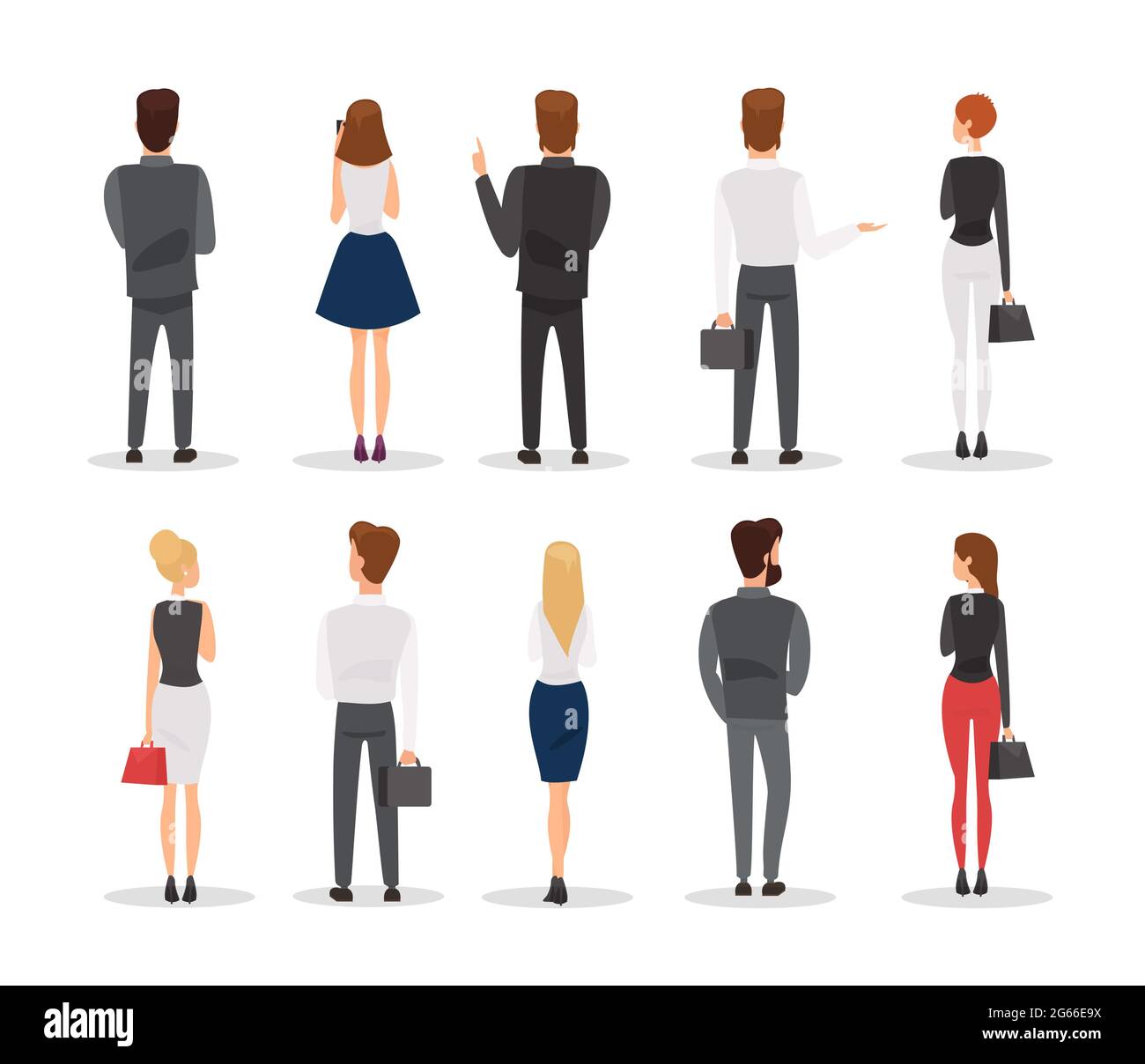 La gente vuelve a ver el conjunto de ilustraciones de vector plano. Trabajadores de oficina que gestan personajes de dibujos animados aislados sobre fondo blanco. Hombres y mujeres elegantes Imagen Vector de La gente vuelve a ver el conjunto de ilustraciones de vector plano. Trabajadores de oficina que gestan personajes de dibujos animados aislados sobre fondo blanco. Hombres y mujeres elegantes Imagen Vector de