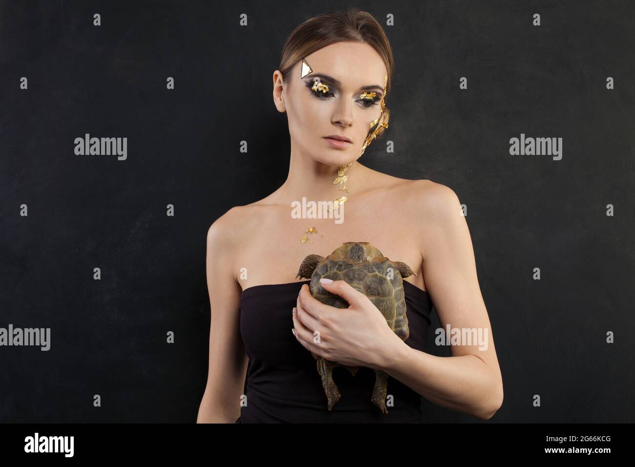 Mujer agradable con maquillaje dorado sosteniendo una mascota de tortuga  sobre fondo negro Fotografía de stock - Alamy