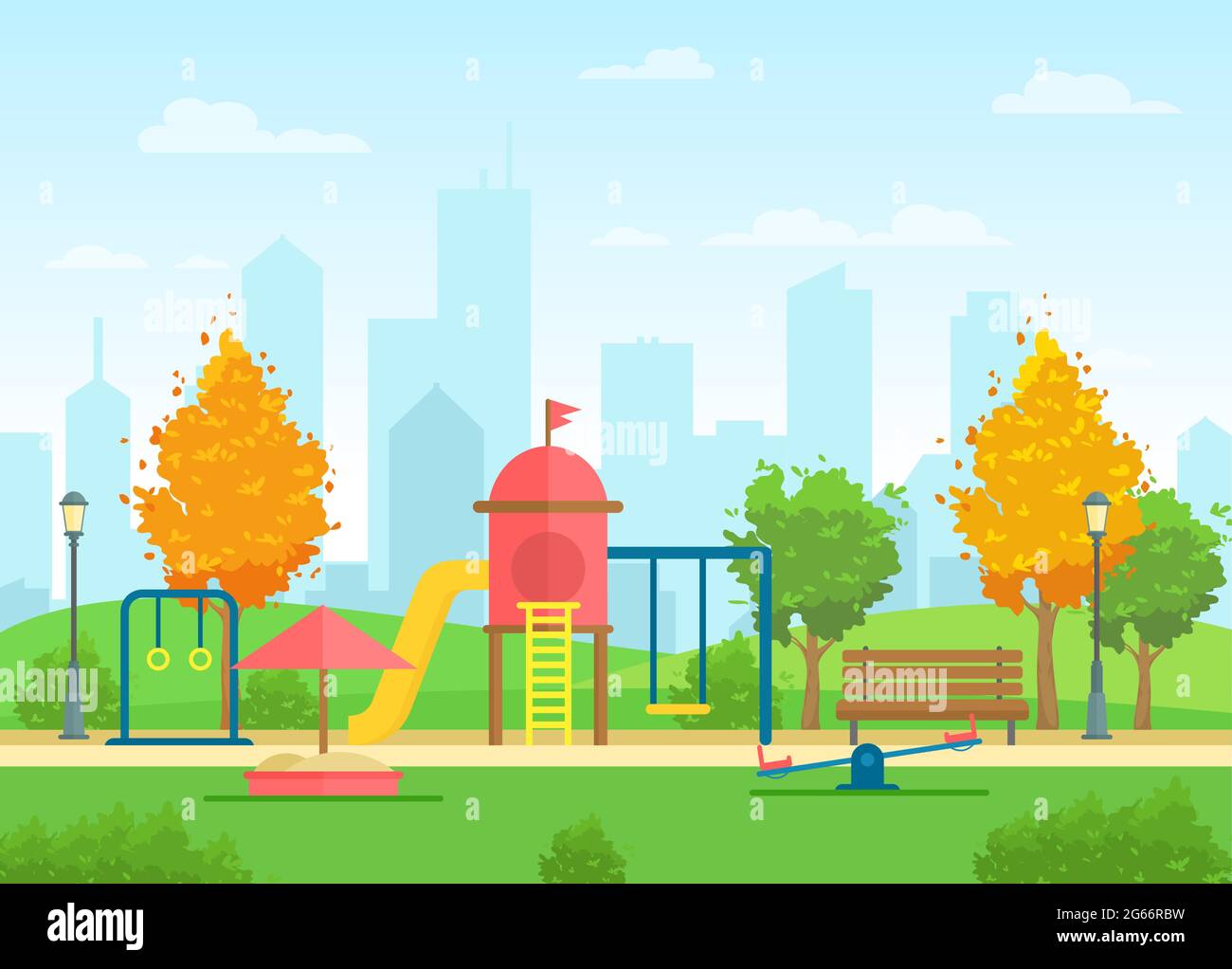 Ilustración vectorial del parque público de la ciudad con patio de recreo para niños y paisaje urbano de la ciudad sobre el fondo en estilo de dibujos animados planos. Ilustración del Vector