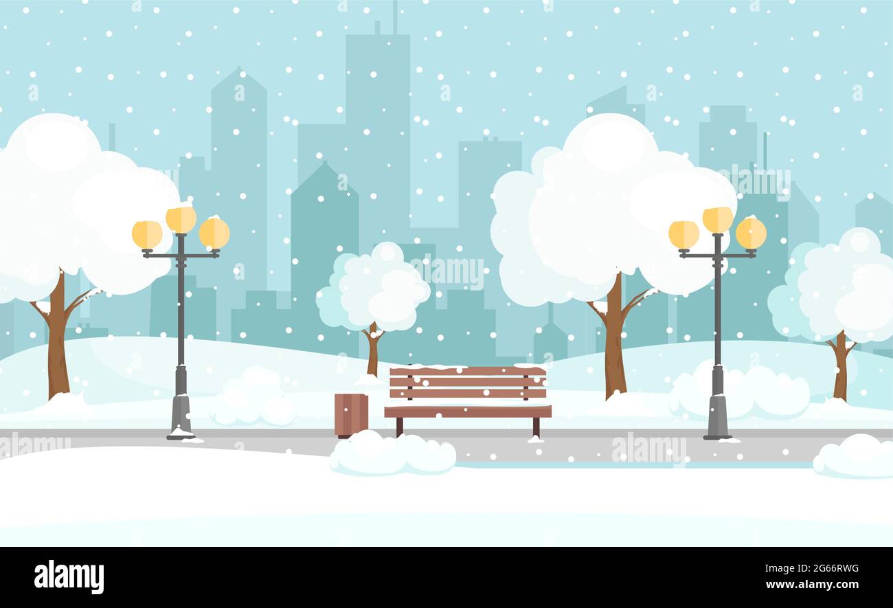 Ilustración vectorial del parque de invierno de la ciudad con nieve y el fondo moderno de la ciudad. Banco en el parque de la ciudad de invierno, concepto de vacaciones de invierno en dibujos animados planos Ilustración del Vector