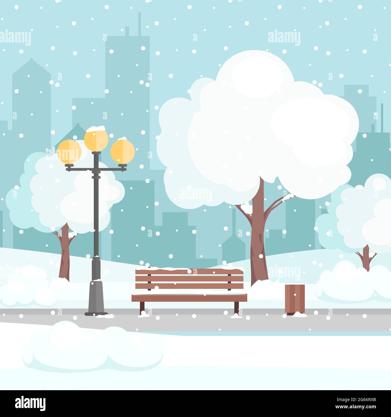 Ilustración vectorial del parque de invierno de la ciudad con nieve y el fondo moderno de la ciudad. Banco en el parque de la ciudad de invierno, concepto de vacaciones de invierno en estilo plano de dibujos animados Ilustración del Vector