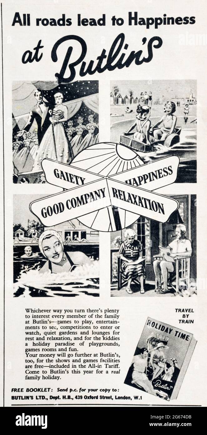Un anuncio de la revista 1950s para los campamentos de vacaciones de Butlin. Foto de stock