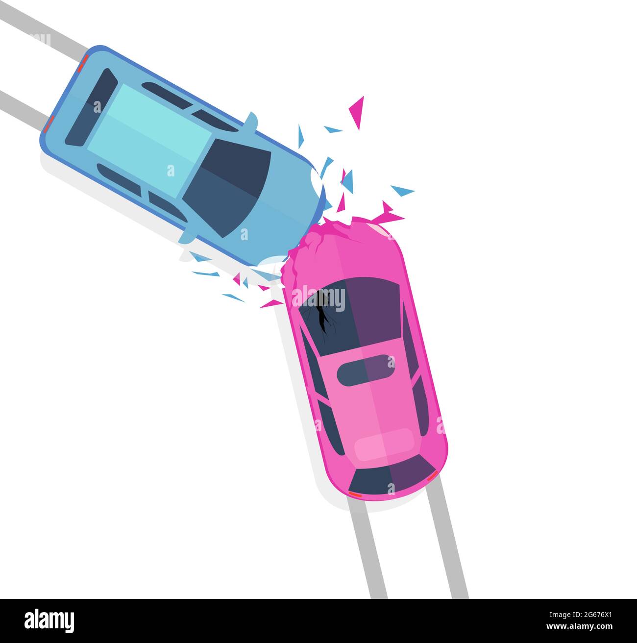 Concepto de ilustración vectorial del accidente automovilístico. Vista superior de dos coches choque aislado sobre fondo blanco ib plano estilo de dibujos animados. Ilustración del Vector