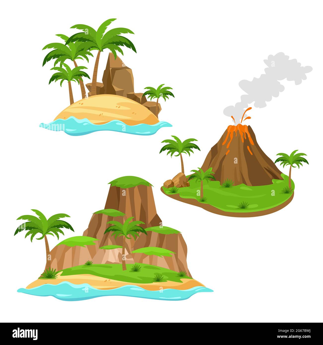Ilustración vectorial de tres islas diferentes sobre fondo blanco en estilo  de dibujos animados. Islas con volcán, palmeras y montañas en colores  brillantes Imagen Vector de stock - Alamy