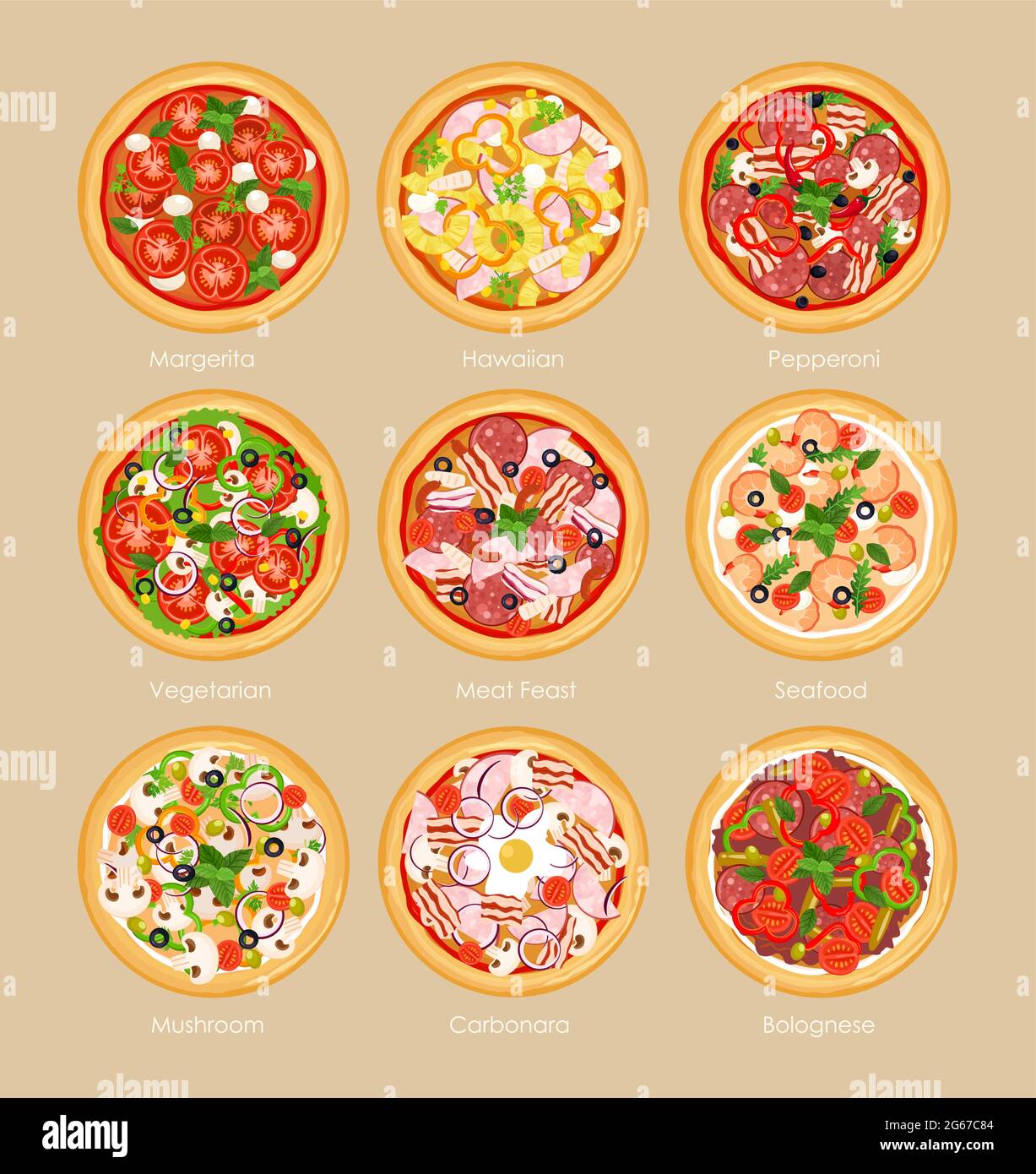 Juego de ilustraciones vectoriales de pizza con diferentes ingredientes, pizza vegetariana, margarita y mariscos. Concepto de menú de pizza en estilo plano. Ilustración del Vector