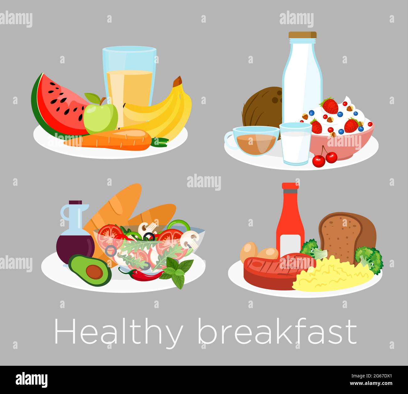 Juego de ilustraciones vectoriales de diferentes tipos de alimentos  saludables para el desayuno en estilo de dibujos animados. Almuerzo café,  gachas, naranja y nutrición matutina, delicioso Imagen Vector de stock -  Alamy