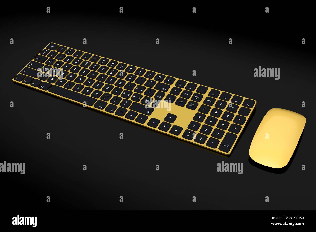 Moderno teclado de ordenador de aluminio dorado con teclado numérico y ratón aislados sobre fondo negro. 3D Representación de equipos para oficina en casa y espacio de trabajo Foto de stock