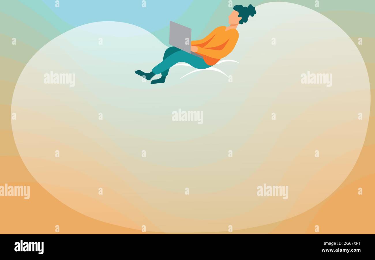 Dibujo de dama sentado en una bolsa grande de frijoles usando la computadora  portátil. Mujer relajándose y acostándose en una almohada de espuma grande  mientras que hojea ordenador portátil Imagen Vector de
