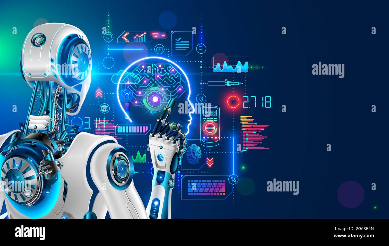 Robot o cyborg programando inteligencia artificial en el ciberespacio. La IA en la revolución industrial. Máquina mirando en la pantalla de hud. Aprendizaje de máquinas profundas Ilustración del Vector