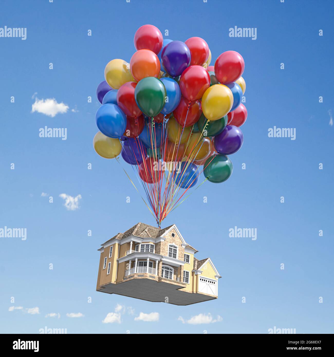 Yogur camisa Refinar Casa con globos manojo volando en el cielo. Compra de bienes raíces, casa  mudanza y concepto de vivienda. ilustración 3d Fotografía de stock - Alamy