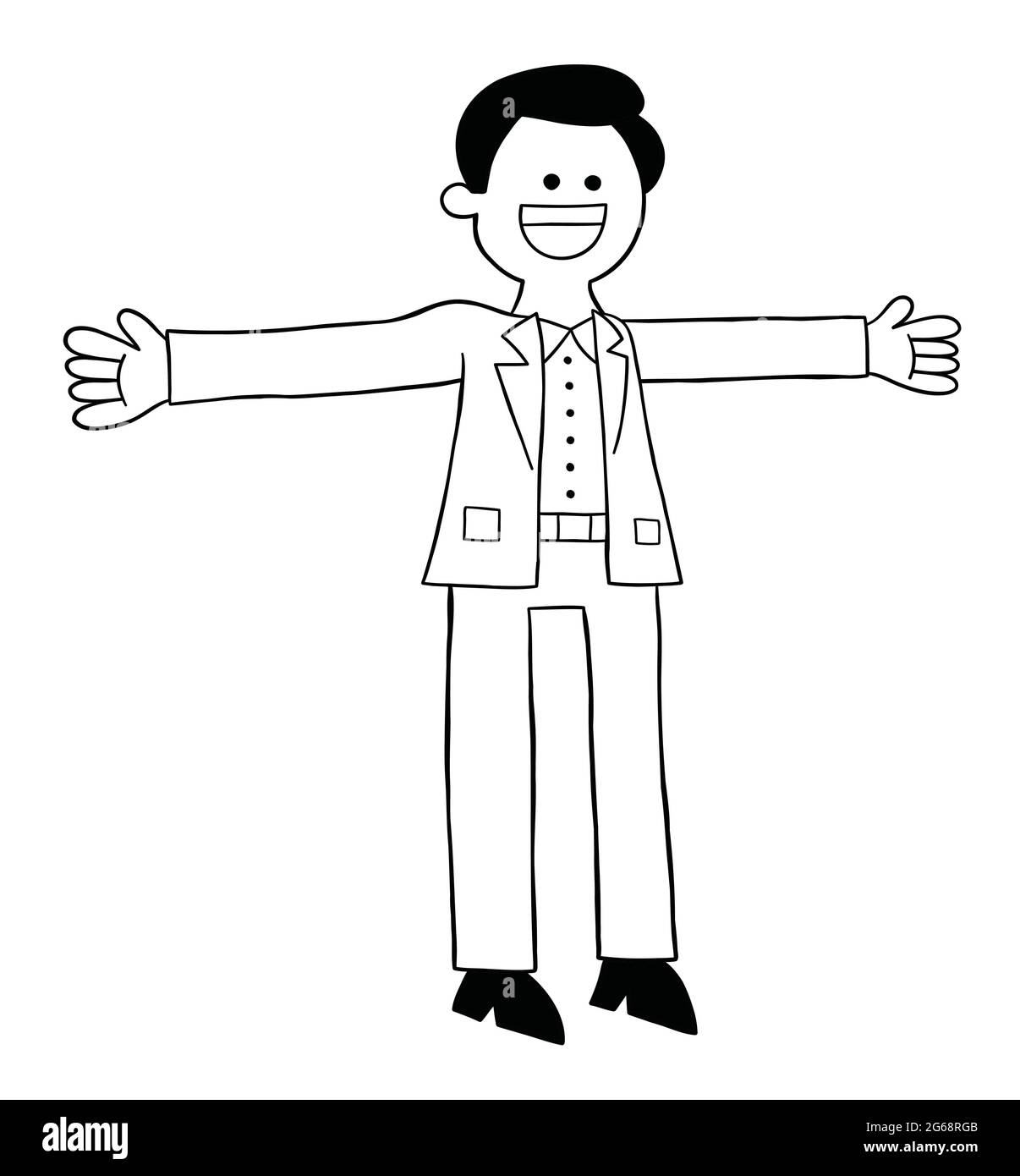 Hombre de dibujos animados en el traje manos abiertas y feliz, ilustración  vectorial. Contorno negro y color blanco Imagen Vector de stock - Alamy