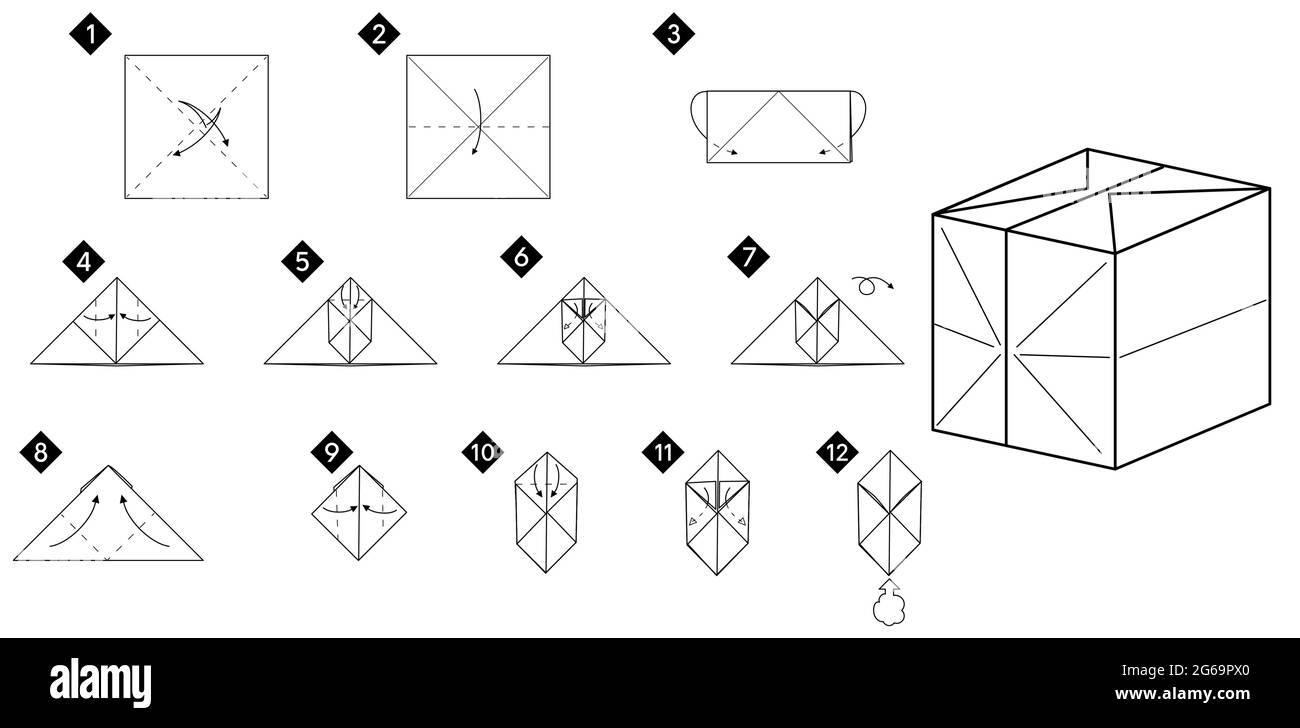 Paso a paso cómo hacer origami 3D cubo de juguete . Ilustración de  instrucciones monocromas vectoriales. Bricolaje en papel blanco y negro  Imagen Vector de stock - Alamy
