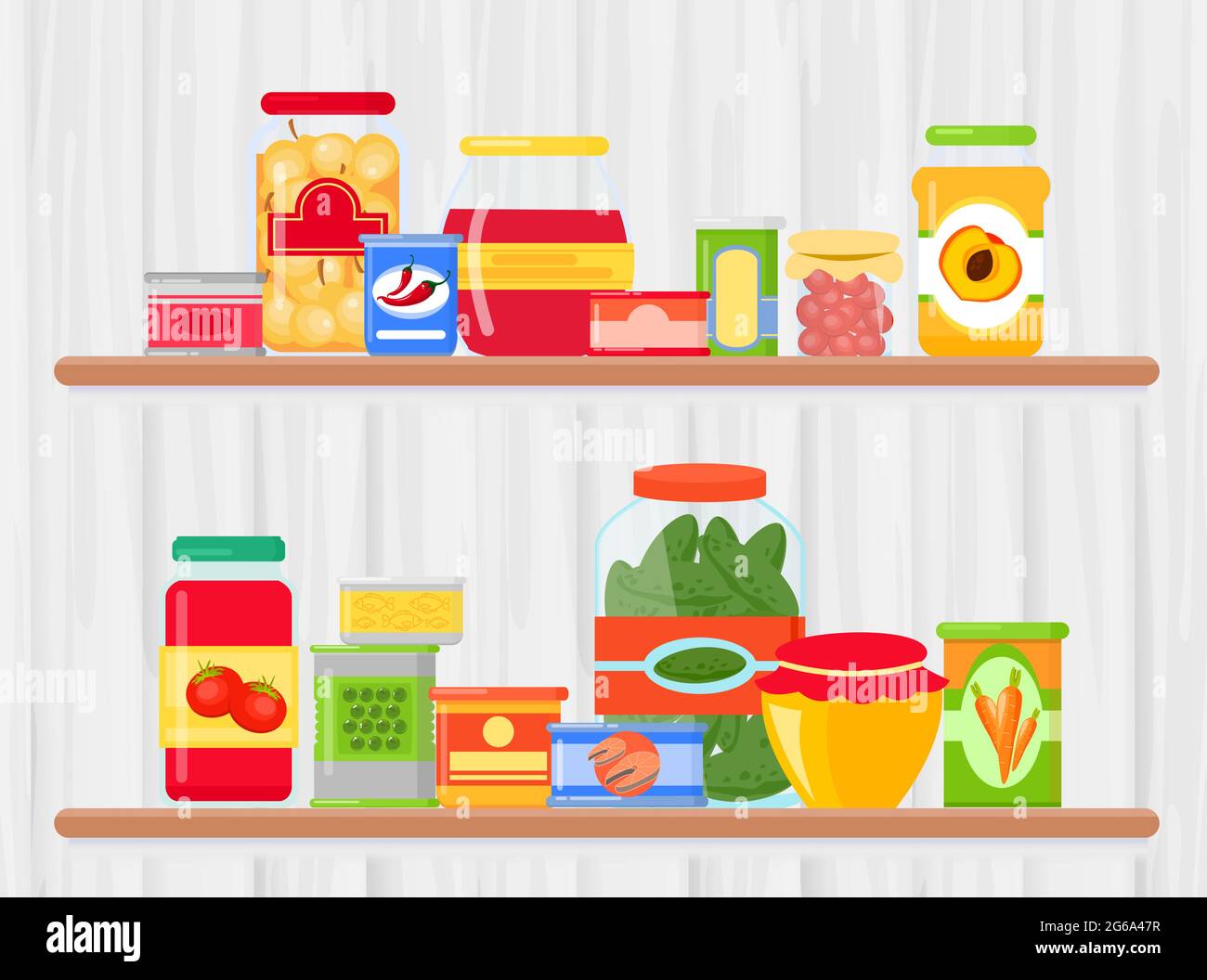 Ilustración vectorial del estante en la tienda de comestibles con productos alimenticios. Comida conservada en un recipiente de metal y vidrio sobre estante con madera clara Ilustración del Vector