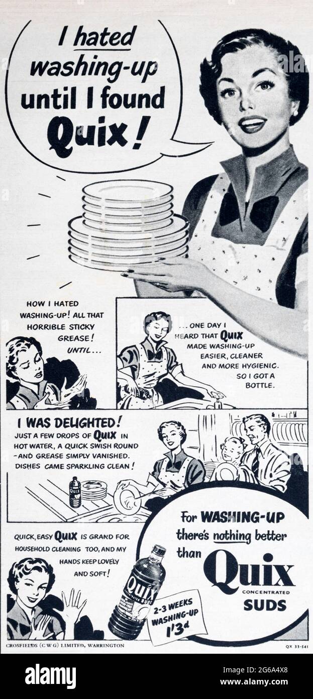 Un anuncio de la revista 1950s para el líquido de lavado de Quix. Foto de stock
