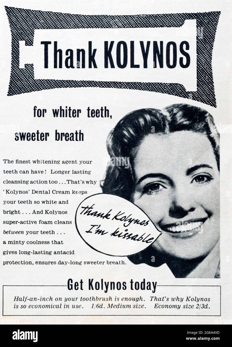 Un anuncio de la revista 1950s para la crema dental Kolynos. Foto de stock