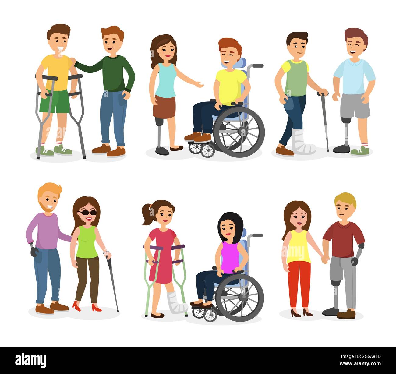 Vector ilustración conjunto de personas con discapacidad y amigos  ayudándoles, hablar, caminar y sonreír gente feliz en dibujos animados de  estilo plano Imagen Vector de stock - Alamy