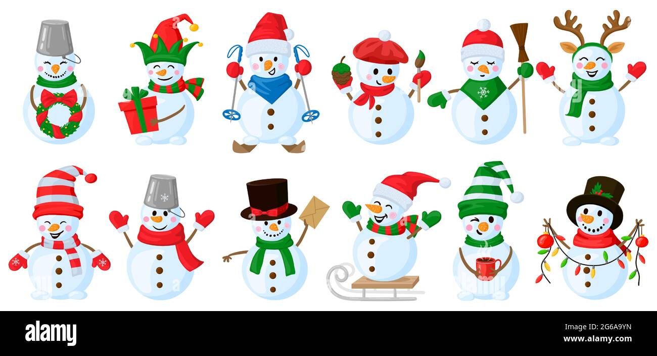 Muñecos de nieve de dibujos animados. Navidad gracioso muñeco de nieve  personajes, mono muñeco de nieve con sombrero y bufanda vector ilustración  conjunto. Vacaciones de invierno personajes muñecos de nieve Imagen Vector