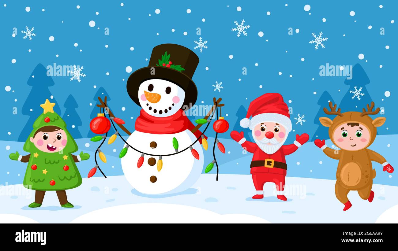 Dibujos animados y muñeco de nieve. Niños en trajes de Navidad jugando al aire libre, actividades de invierno vectores ilustración. Niños felices jugando con Ilustración del Vector