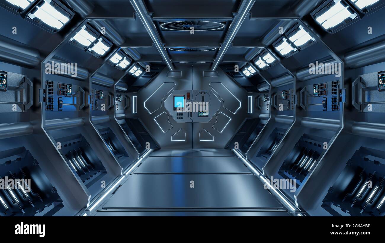 Ciencia fondo ficción interior rendering ciencia ficción pasillos nave espacial luz azul,3D renderizado Foto de stock