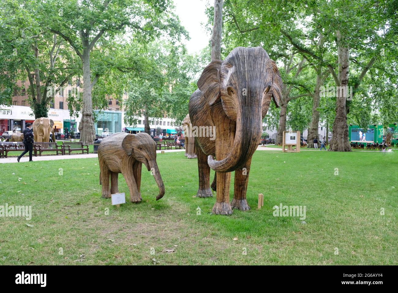 Una manada de elefantes se exhibe en los alrededores verdes de la Plaza Berkerley como parte de una campaña ambiental para destacar la extinción de animales. Foto de stock