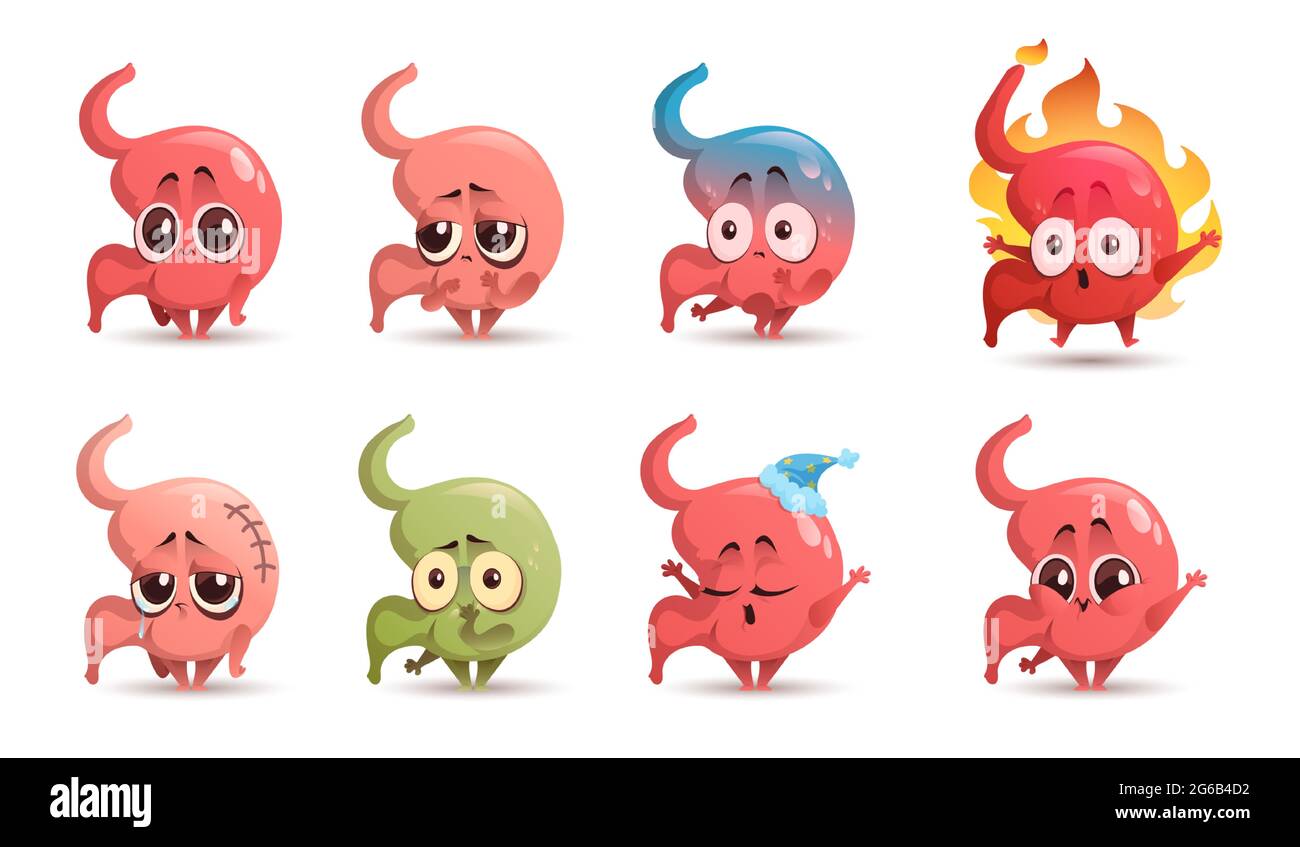 Lindo carácter estomacal con diferentes emociones aisladas sobre fondo blanco. Vector conjunto de dibujos animados gracioso estómago, órgano del abdomen humano sonríe, duerme, siente dolor, náusea, reflujo y acidez estomacal Imagen Vector Lindo carácter estomacal con diferentes emociones aisladas sobre fondo blanco. Vector conjunto de dibujos animados gracioso estómago, órgano del abdomen humano sonríe, duerme, siente dolor, náusea, reflujo y acidez estomacal Imagen Vector