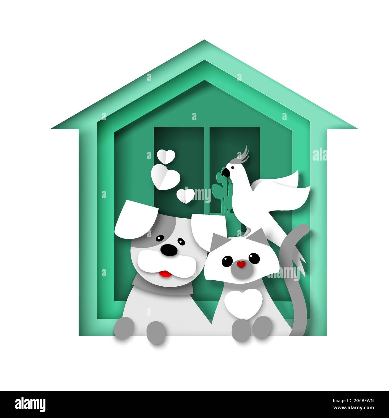 Casa verde con perro, gato y loro, ilustración vectorial en estilo de arte de  papel. Refugio de animales, clínica veterinaria. Logotipo de la casa de  mascotas Imagen Vector de stock - Alamy