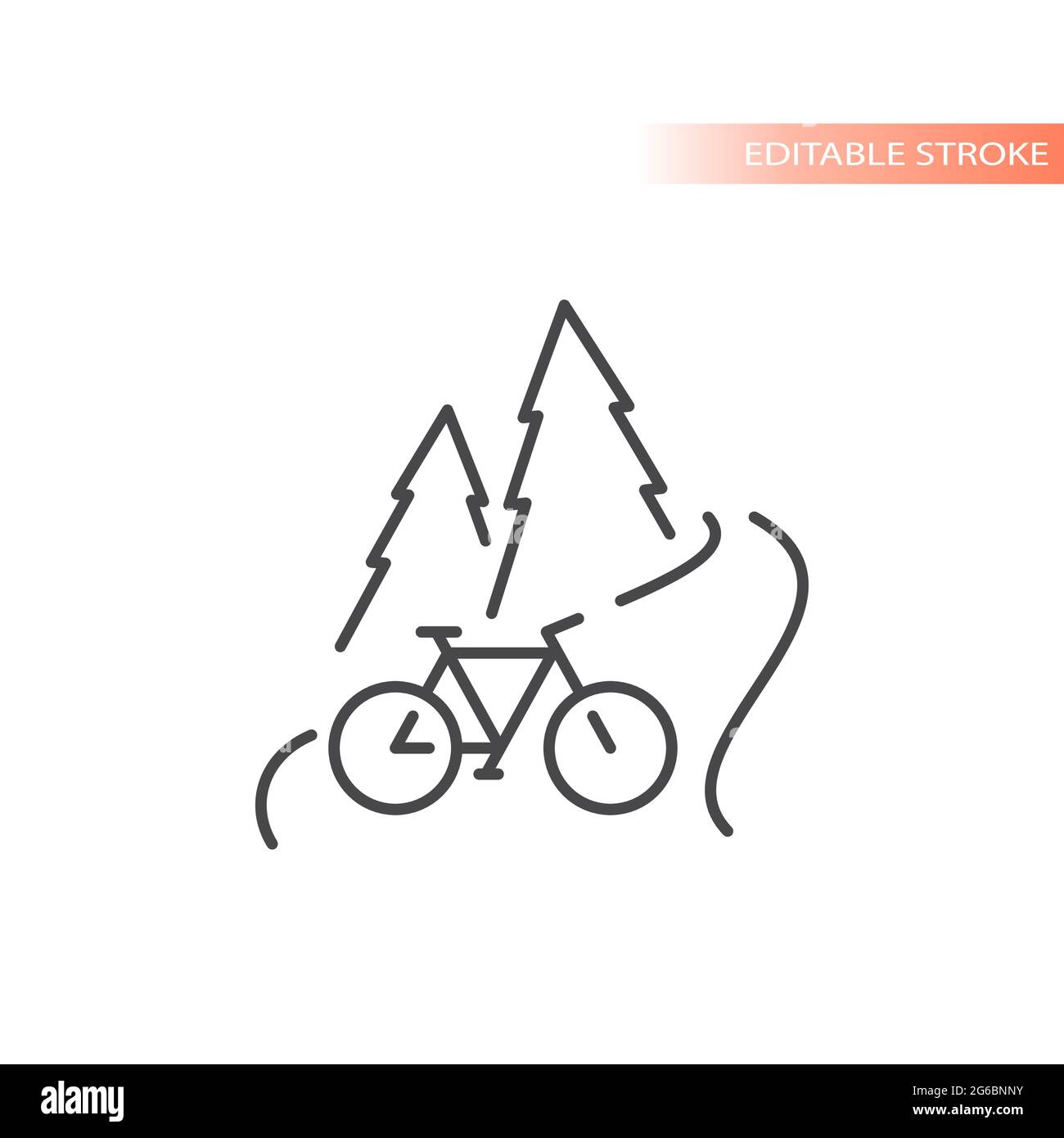 Icono de vector de línea de ciclismo en exteriores. Paisaje natural con carretera, pinos y bicicleta, trazo editable. Ilustración del Vector