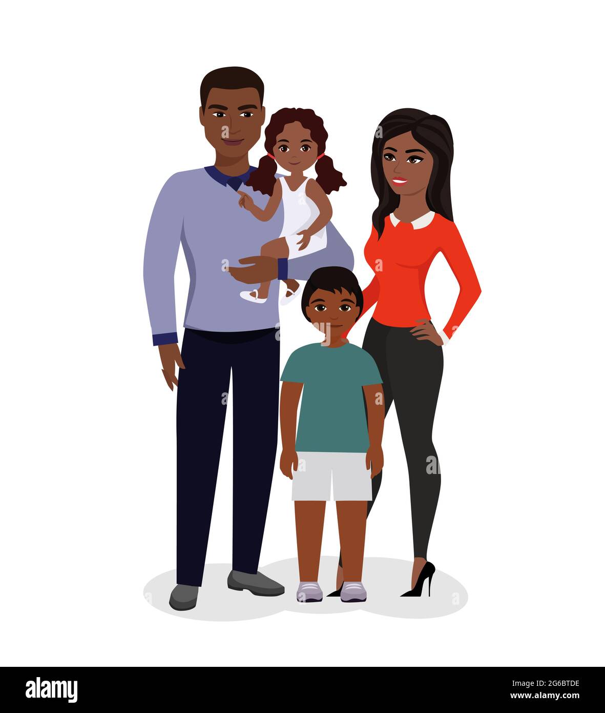 Ilustración vectorial de la hermosa familia feliz. Padres e hijos  afroamericanos. Sonriente caricatura madre, padre, compañero y hermano en  estilo plano Imagen Vector de stock - Alamy