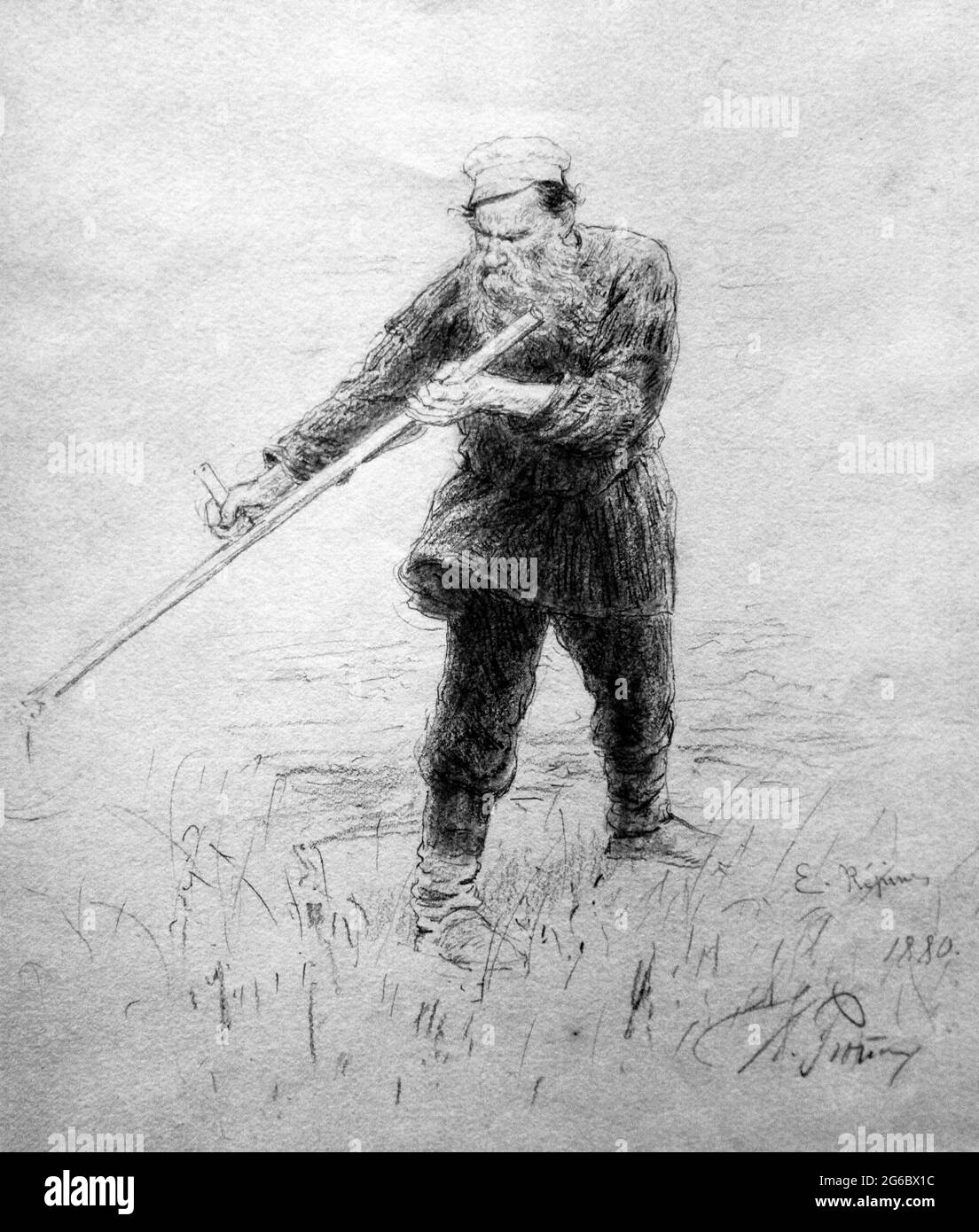 Leo Tolstoy césped de corte 1886 dibujo del artista Ilya Repin (1844