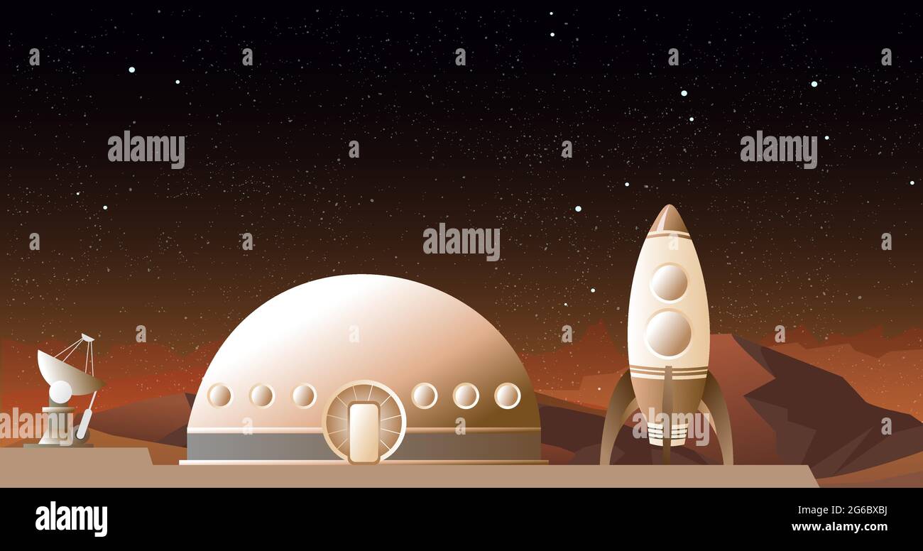 Ilustración vectorial de la nave espacial en Marte u otro planeta. Un cohete y una estación espacial sobre el fondo del espacio. Concepto de viaje espacial. Ilustración del Vector
