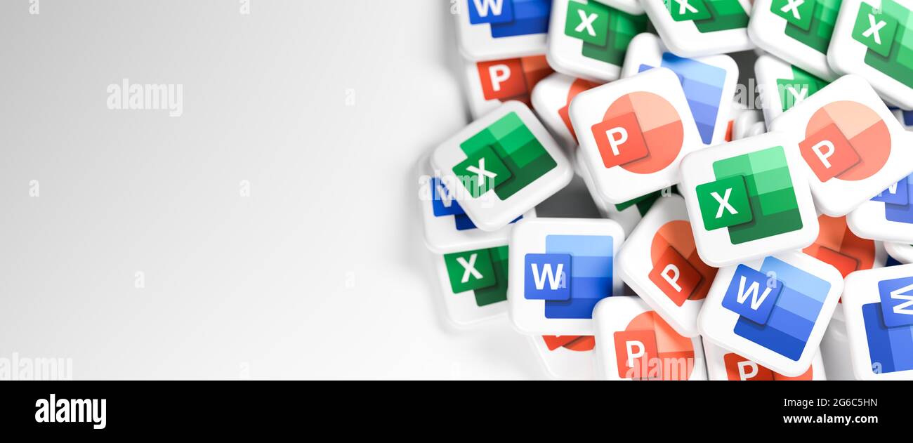 Perforar Ineficiente doce Logotipos de los componentes de Microsoft Office Word, Excel y PowerPoint  en un montón. Espacio de copia. Formato de banner web Fotografía de stock -  Alamy