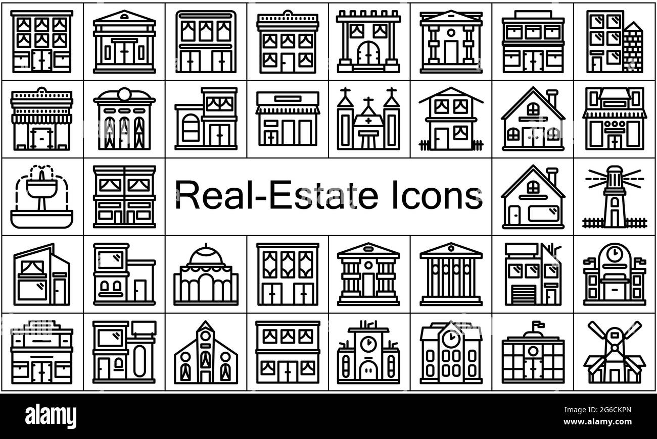 Ilustración de vector de estilo plano del conjunto de iconos de bienes raíces. Se puede utilizar para aplicaciones web y móviles. Ilustración del Vector