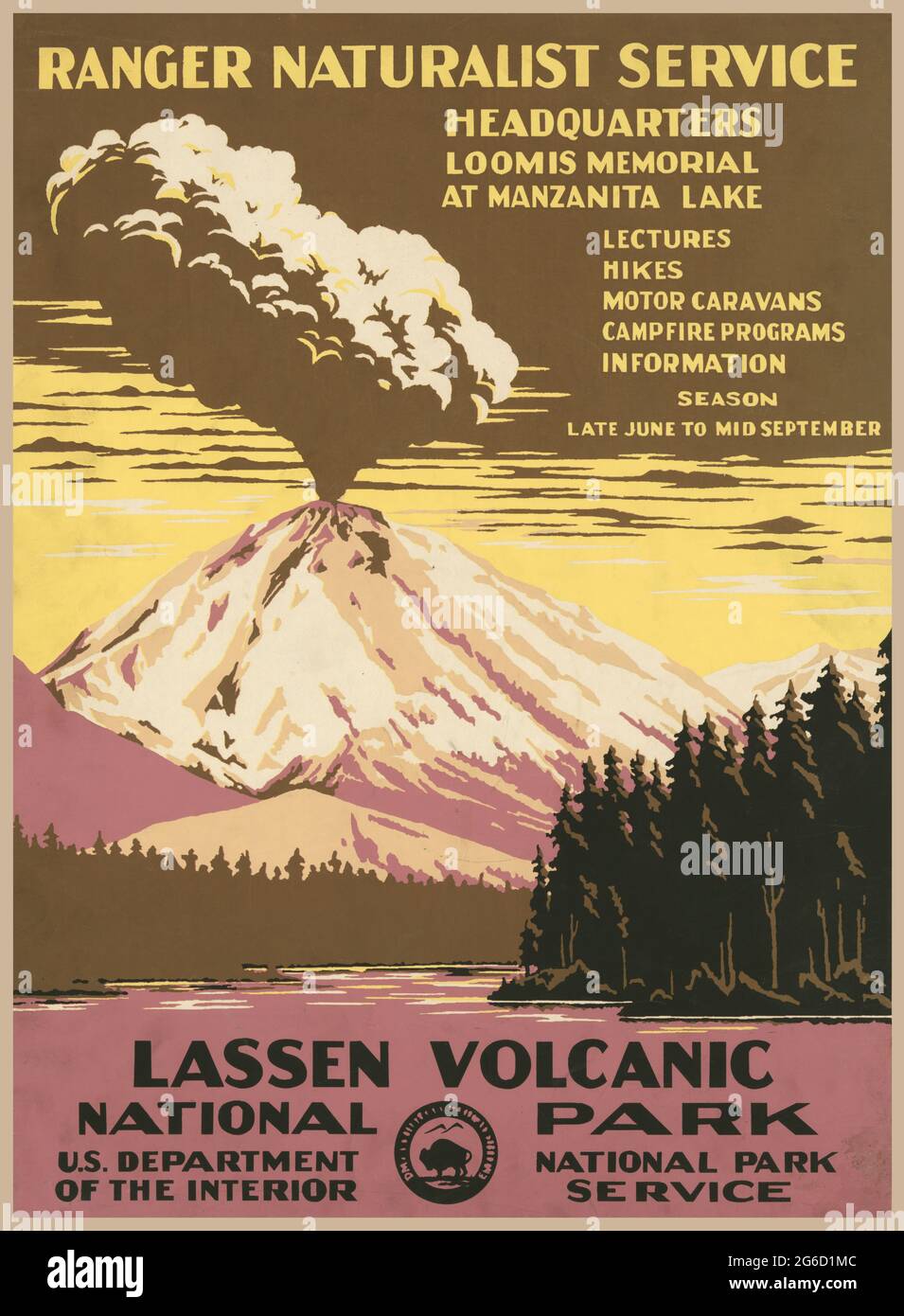 Cartel del Parque Nacional Volcánico Lassen. Un cartel del Proyecto de Arte Federal WPA para el Servicio de Parques Nacionales que promueve el Parque Nacional Volcánico Lassen 1938. Foto de stock