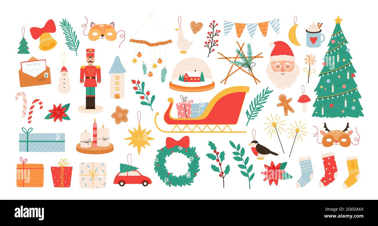 Decoraciones y juguetes de dibujos animados de Navidad. Año nuevo y alegre  elementos de decoración de Navidad, nuez cracker, muérdago, calcetines y  santa pegatinas vector conjunto Imagen Vector de stock - Alamy