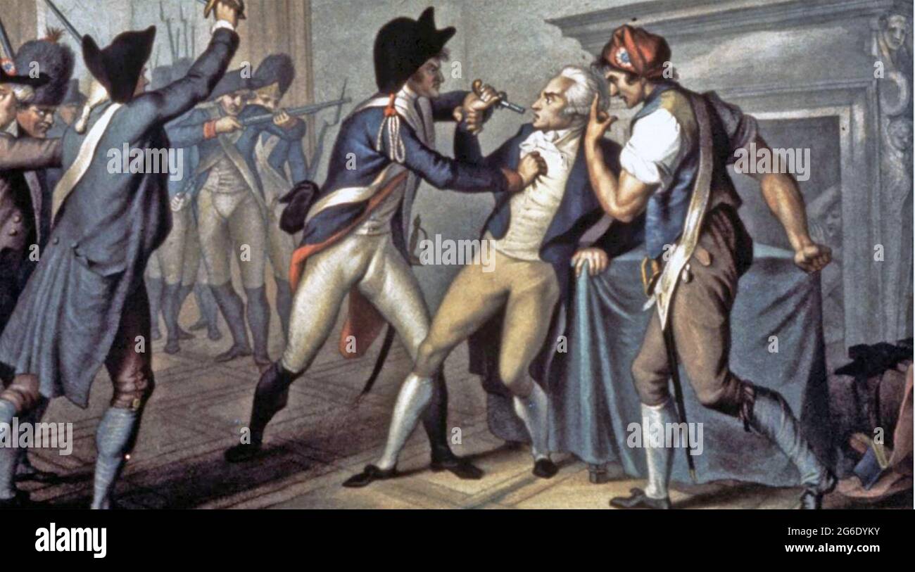 MAXIMILIEN de ROBESPIERRE (1758-1794) Una figura destacada en la revolución francesa. Impresión contemporánea de color de su arresto el 27 de julio. Fue guillotinado al día siguiente. Foto de stock
