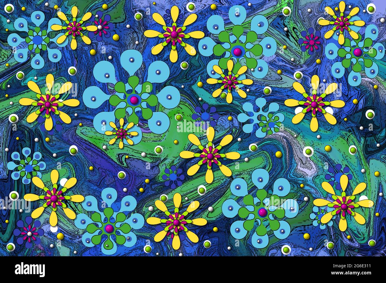 Hippie inspirado imagen abstracta del poder de la flor se ha ido salvaje.  El movimiento se muestra en el chorro de remolinos de color azul y verde.  Formas de flores de viaje