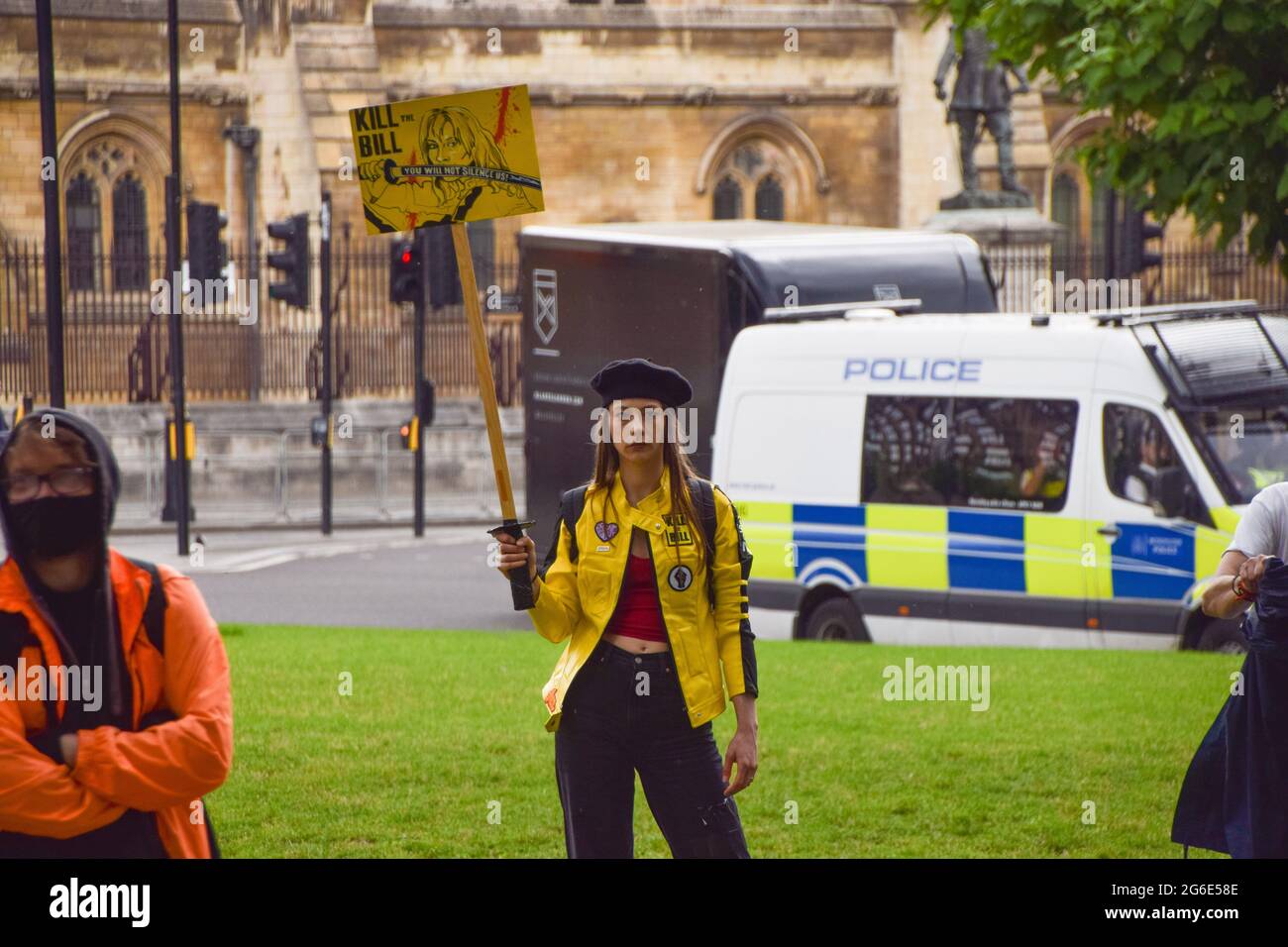 Londres, Reino Unido. 5th de julio de 2021. Matar a los manifestantes del proyecto de ley reunidos en la Plaza del Parlamento en protesta contra el proyecto de ley de la policía, el crimen, las sentencias y los tribunales, que muchos dicen que daría a la policía más poderes sobre las protestas en el Reino Unido. Foto de stock