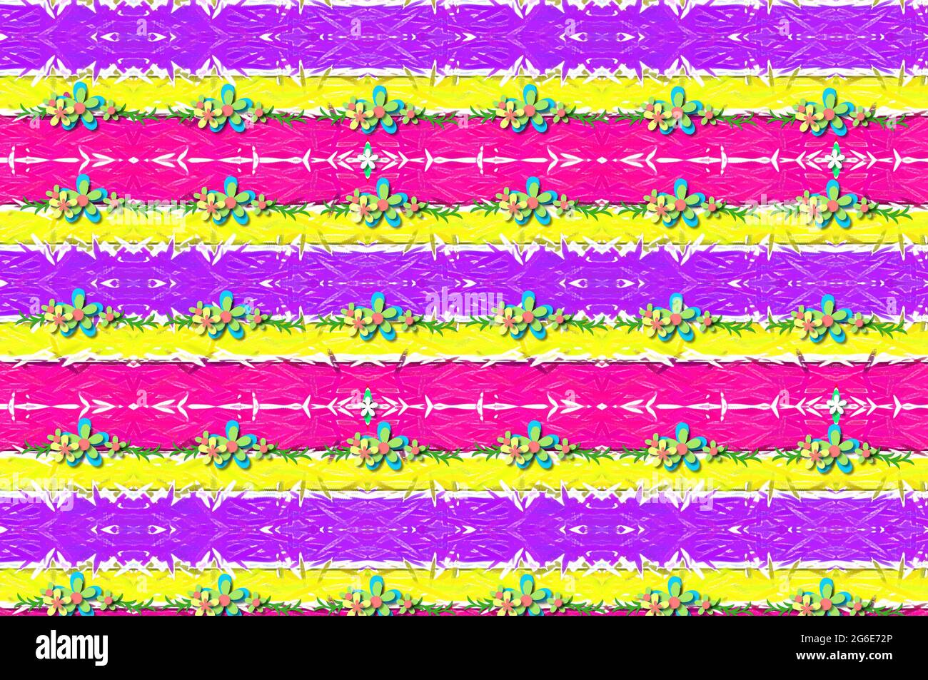 Imagen de fondo con brillantes colores hawaianos en rayas de color púrpura,  amarillo y rosa caliente. Las flores tropicales crecen en filas abajo de la  longitud de cada púrpura Fotografía de stock -