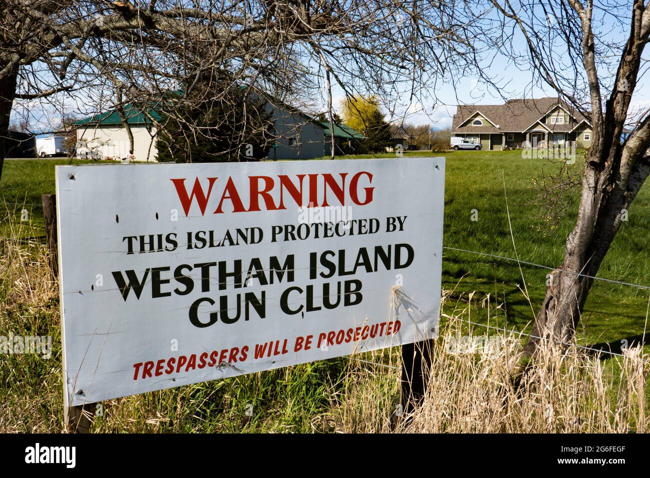 Señal de advertencia en Westham Island, Ladner, British Columbia, Canadá. Foto de stock