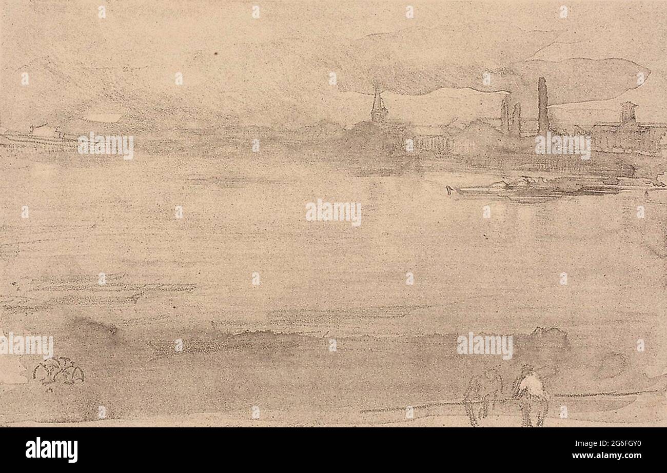 James McNeill Whistler. Temprano por la mañana - 1878 - James McNeill Whistler American, 1834-1903. Lithotint con raspado, en una tierra preparada de medio tinte, Foto de stock